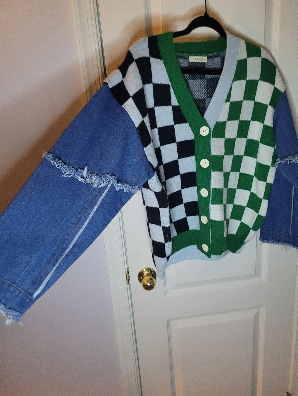 ILLA ILLA Checkerboard Button-Front Cardigan With Denim Sleeves Sz S/M NWOT